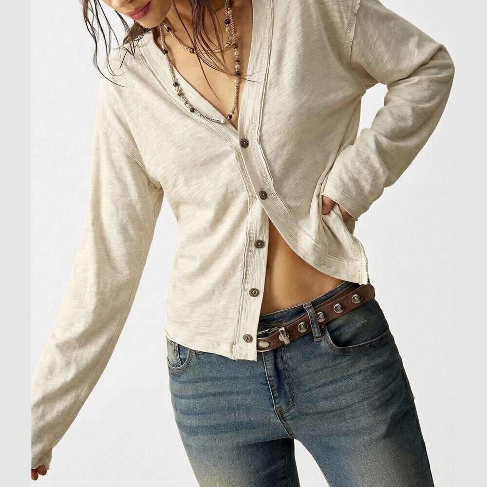 Cream Slub Knit Raw Edge Trims Button Front Cardigan